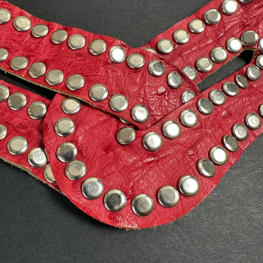 Vintage Genuine Ostrich Leather Belt L Red Silver Studded Cummerbund Adjustable
